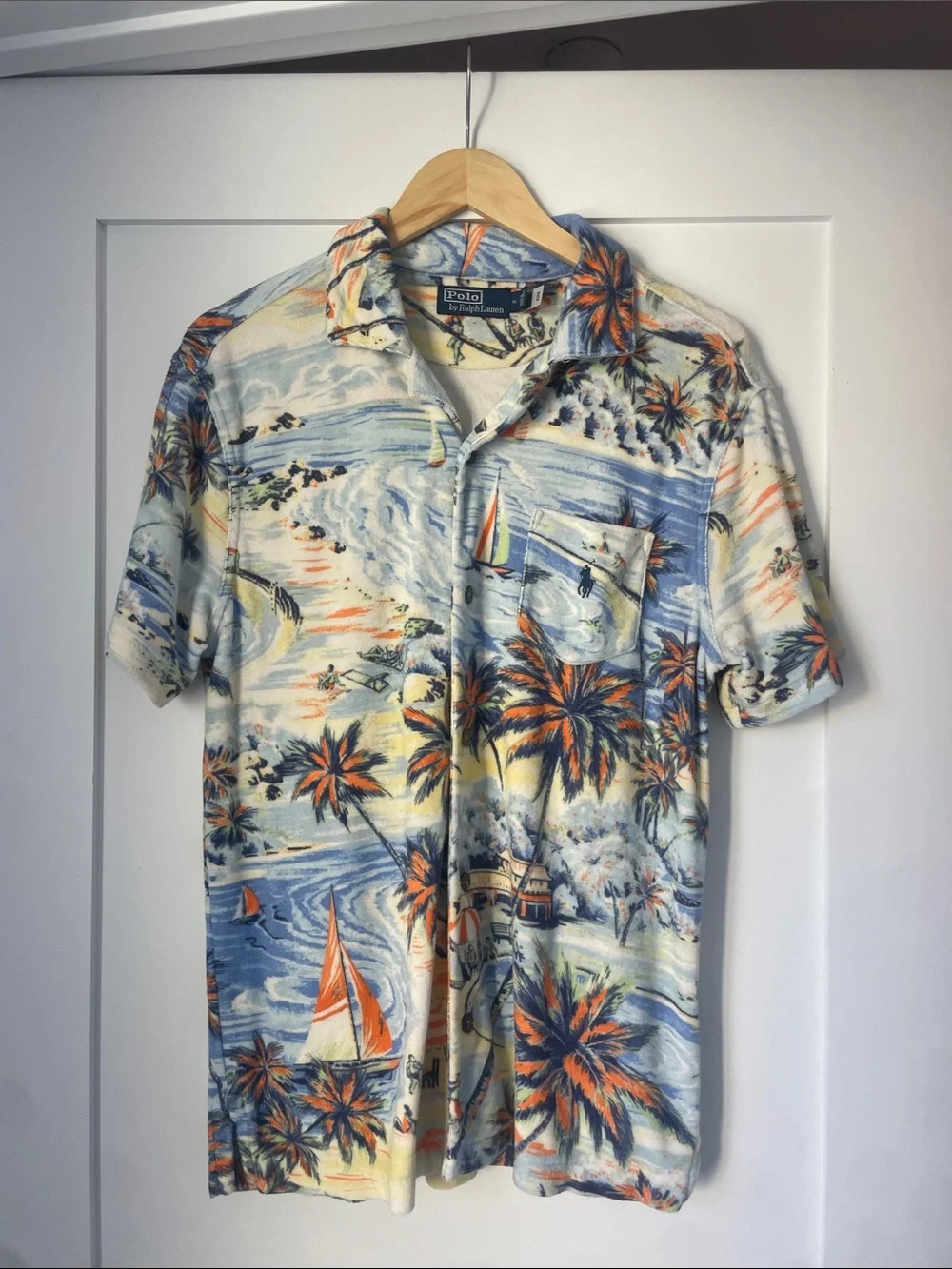 Polo by Ralph Lauren Cream, Blue & Orange Tropical Camp Shirt.